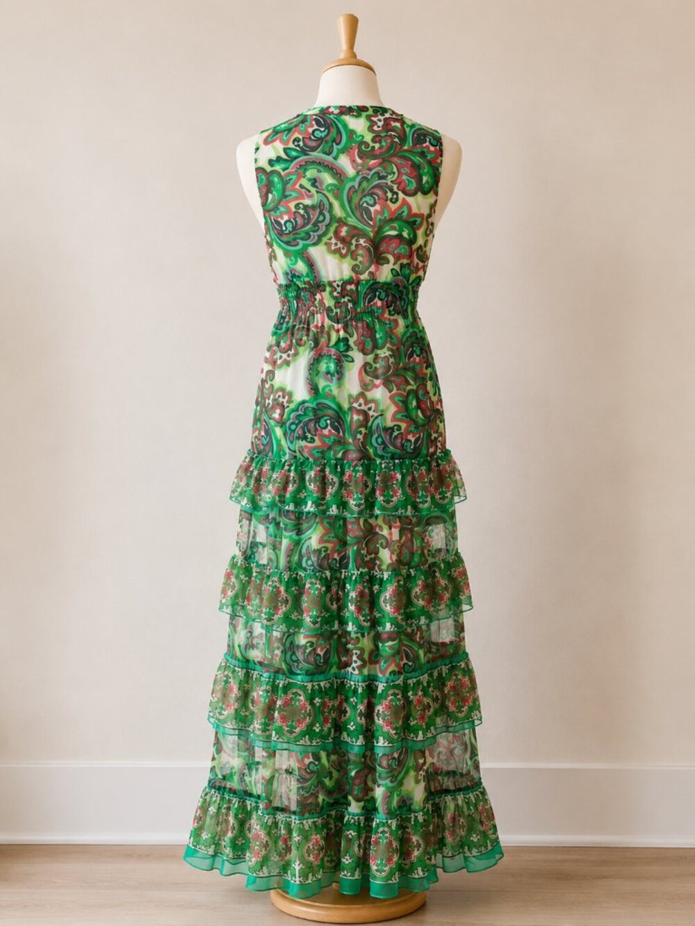 Boston Proper Palma De Scrolls Print Ruffle Tiered Maxi Dress Sequin Large NWT - Picture 5 of 8